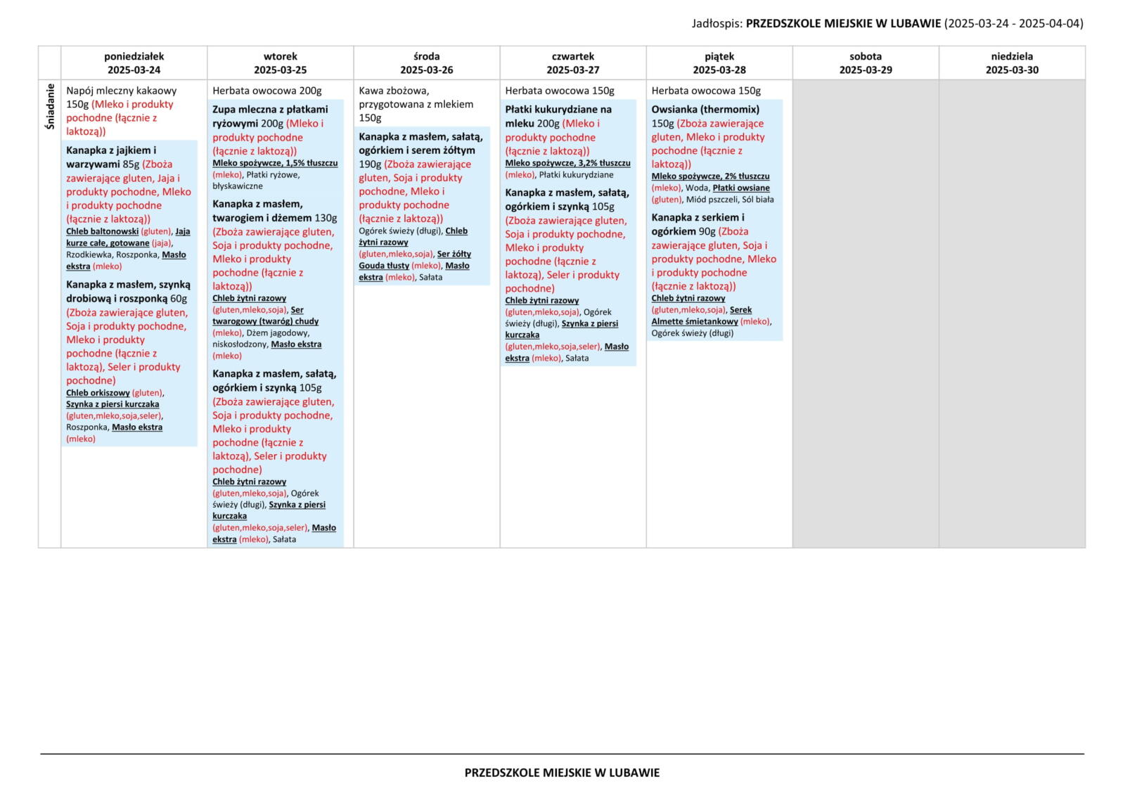 menu jadłospis przedszkole lubawa