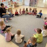 Dzieci siedzą w kole wraz z panią. Uważnie jej słuchają.