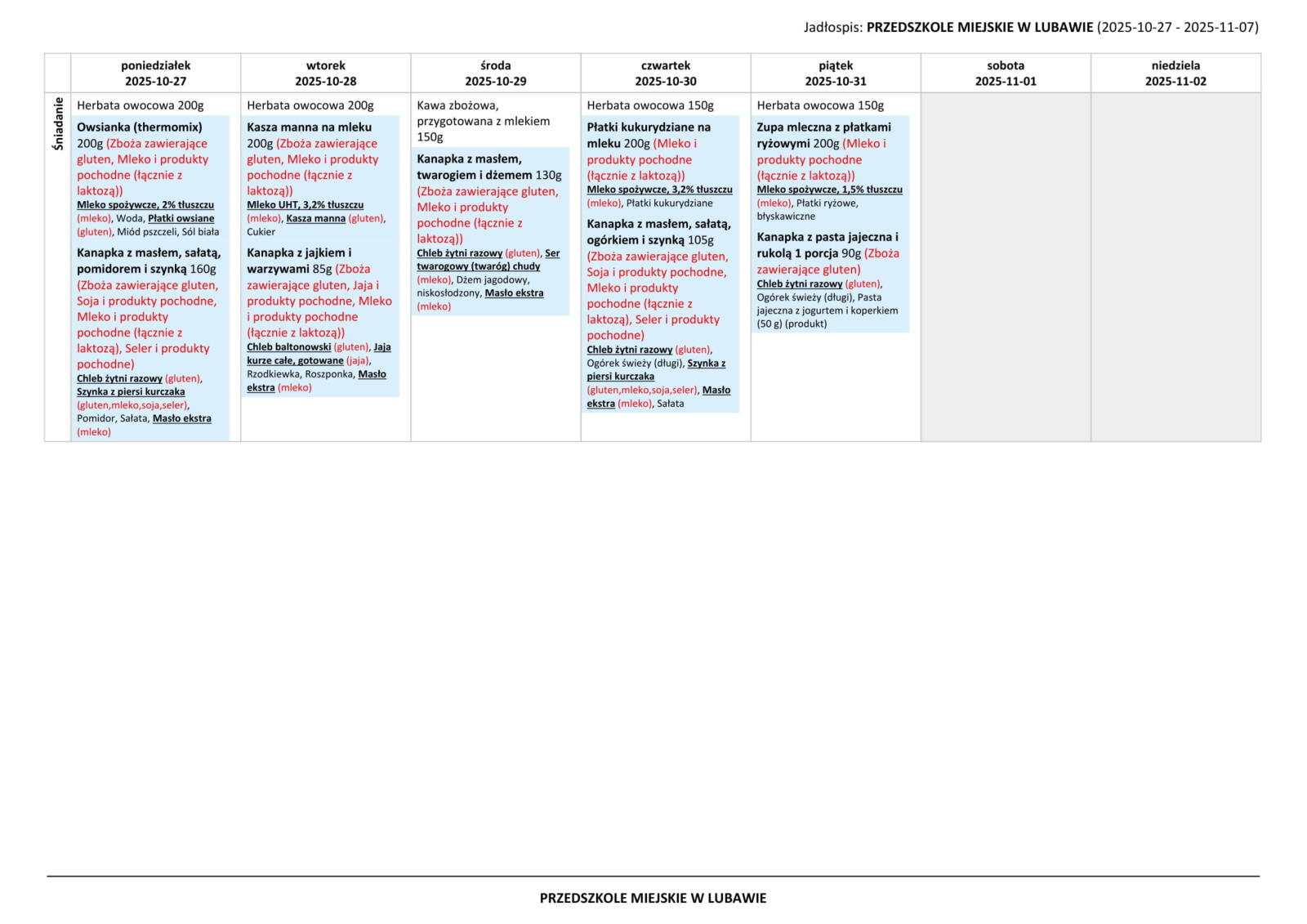 menu przedszkole lubawa ..