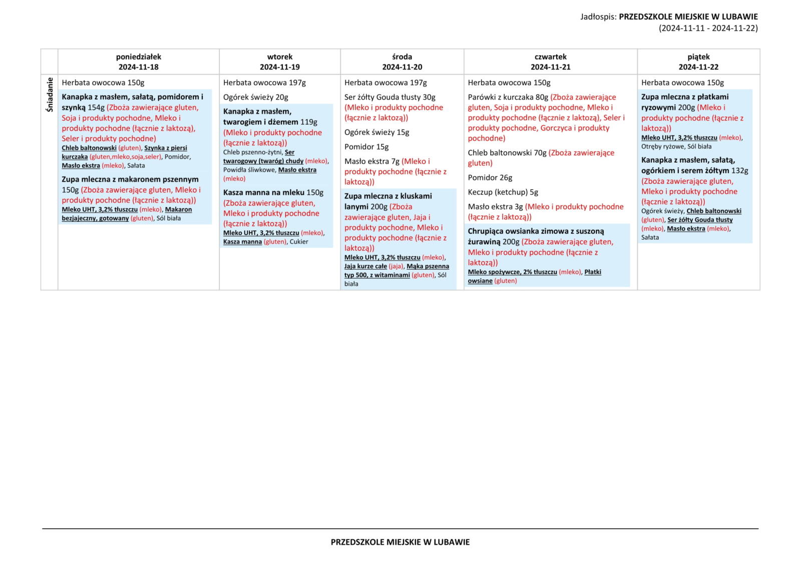 menu przedszkole lubawa listopad